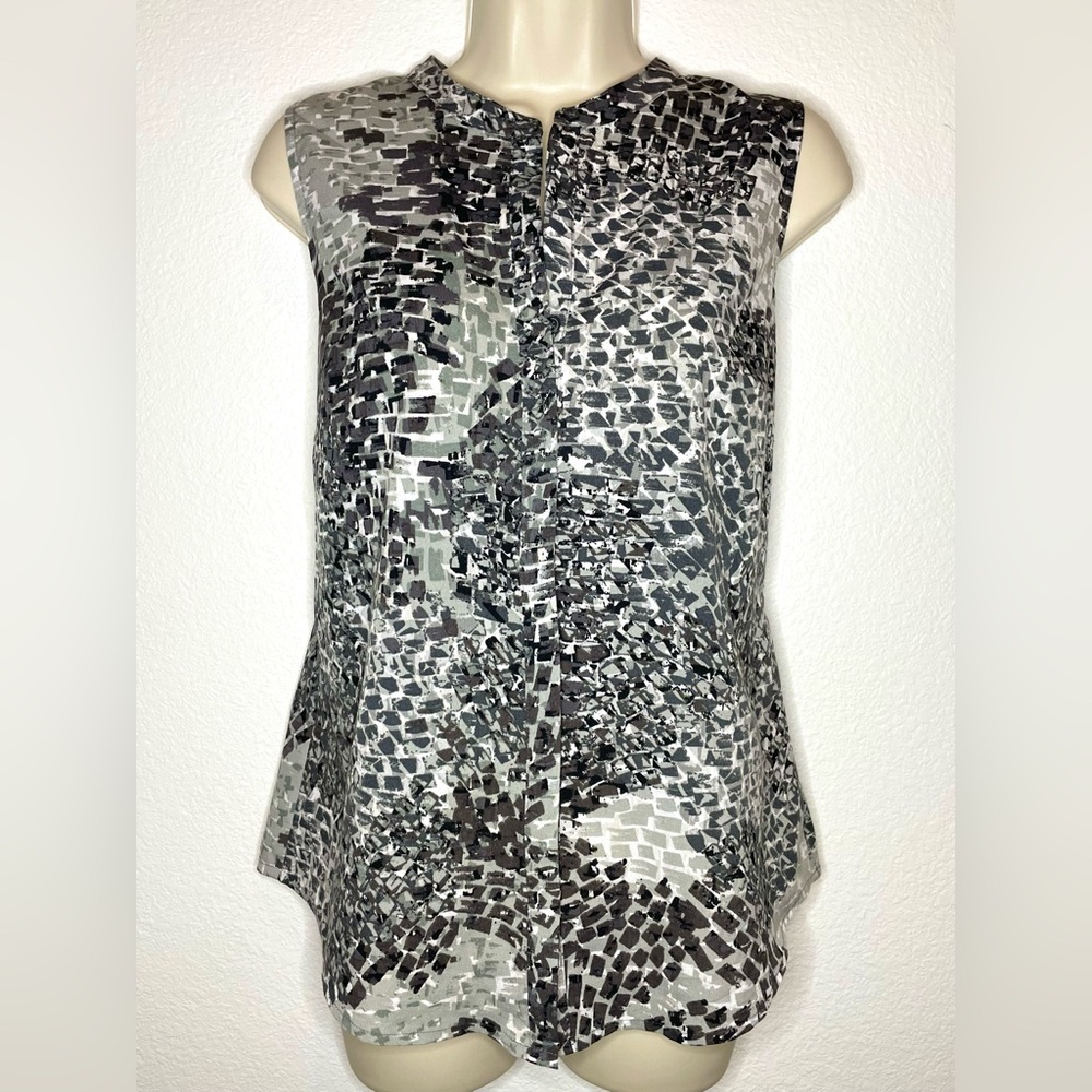 Apt. 9 Black Gray and White Mosaic Sleeveless Hidden Buttons Blouse Office PS